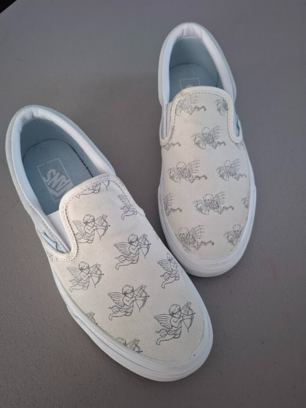 Vans Classic Slip On Sneakers Love You to Death Angel Skeleton Cream Unisex W 10